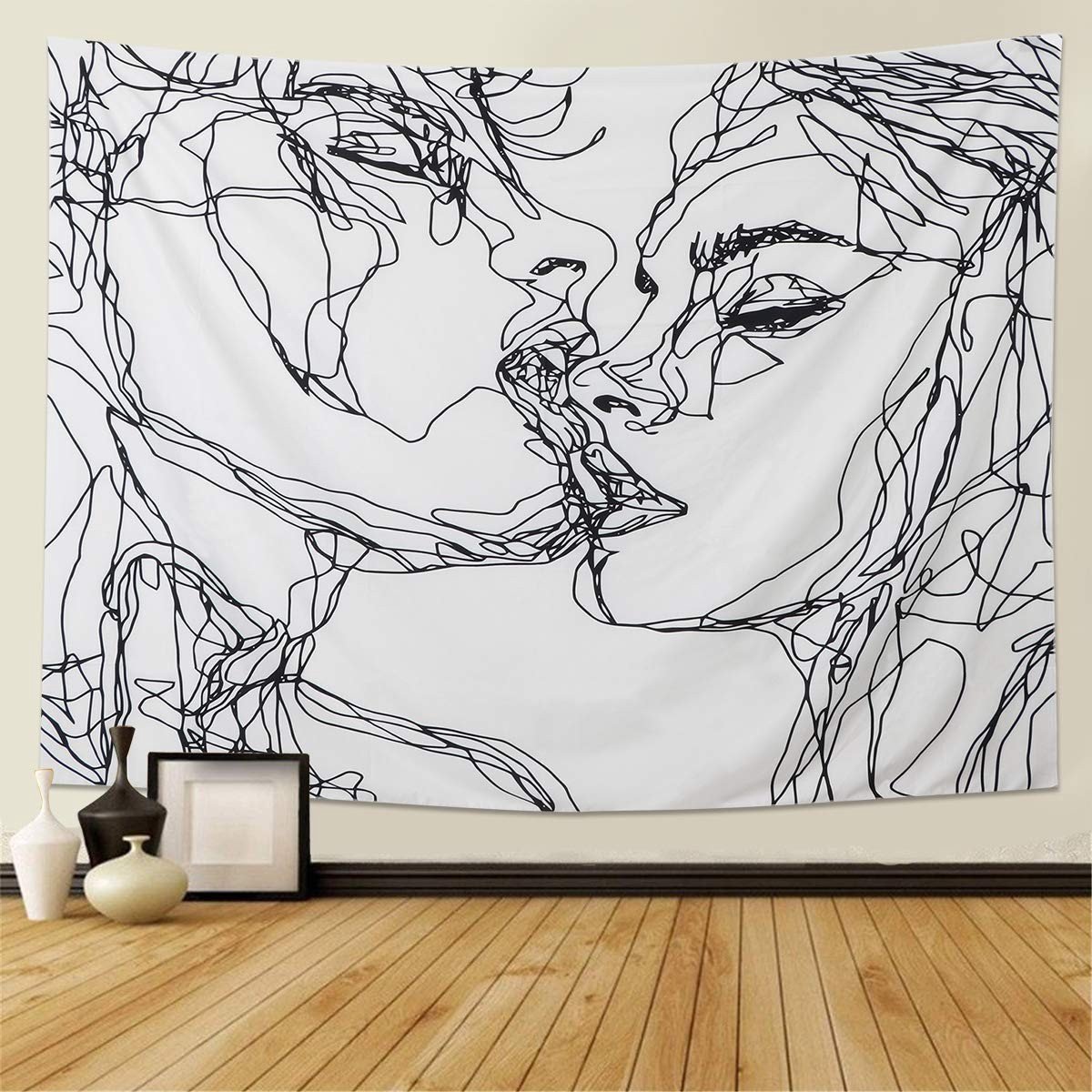 Dailygoods- Wandbehang Abstracte Schets Kunst - Wandtapijt - Zwart/Wit - 130 x 150 cm - 100% Polyester - Handgenaaide Afwerking