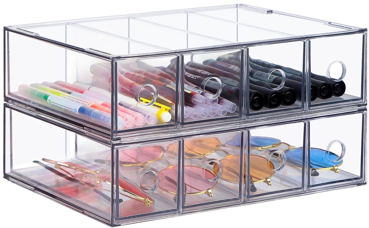 Dailygoods- Lade-Organizer 2 Stuks - Stapelbare Bureau-Organizer - 8 Vakken - Multifunctioneel - Opbergdoos - Transparant