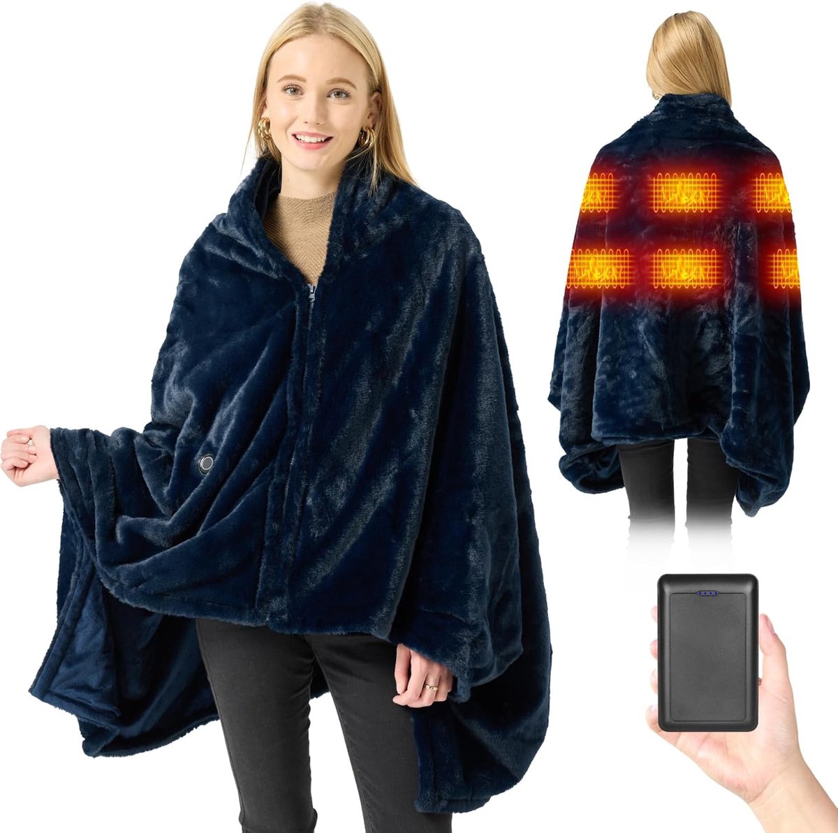 Elektrische deken - Verwarmingsdeken - Warmte en comfort - Draadloos met accu - 180 x 90 cm - Marineblauw