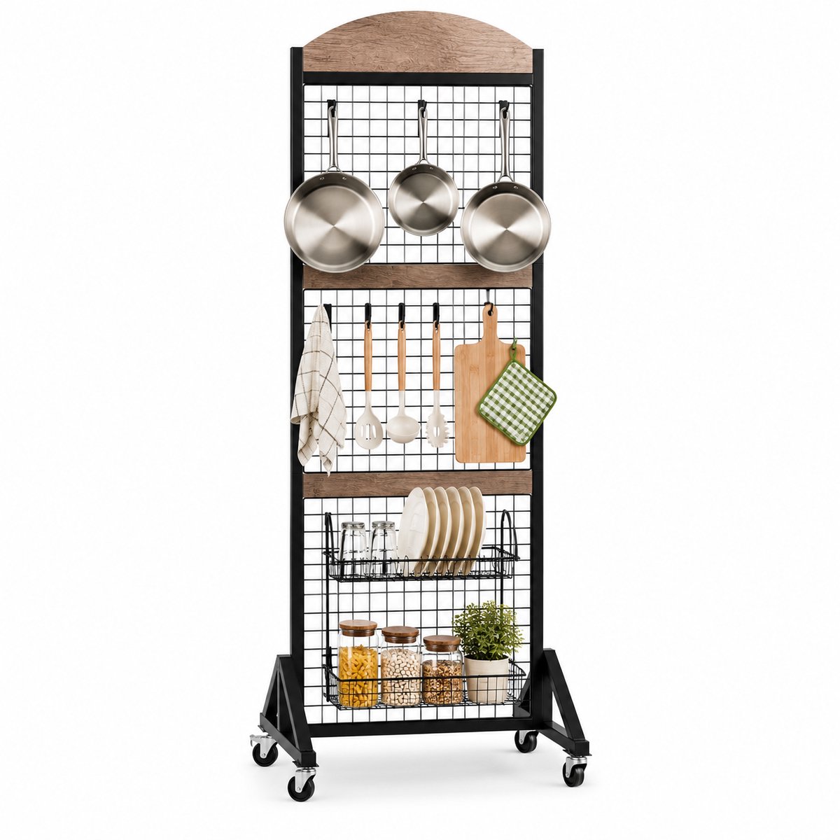 CINK Living® Verrijdbaar Wandpaneel met Haken – 175 x 60 cm – Metalen Opbergrek met Wielen – Organizer voor Keuken, Hal, Winkel & Woonkamer – Zwart/Houtlook