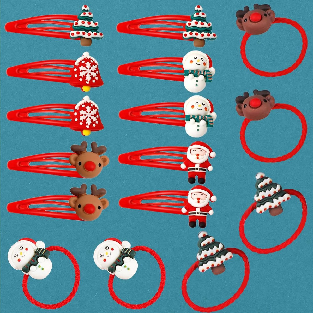 Haaraccessoires Kerst - Haarspelden Elastiekjes - Feestelijke Aankleding - 16 Delig Set - Diverse Figuren - Rood