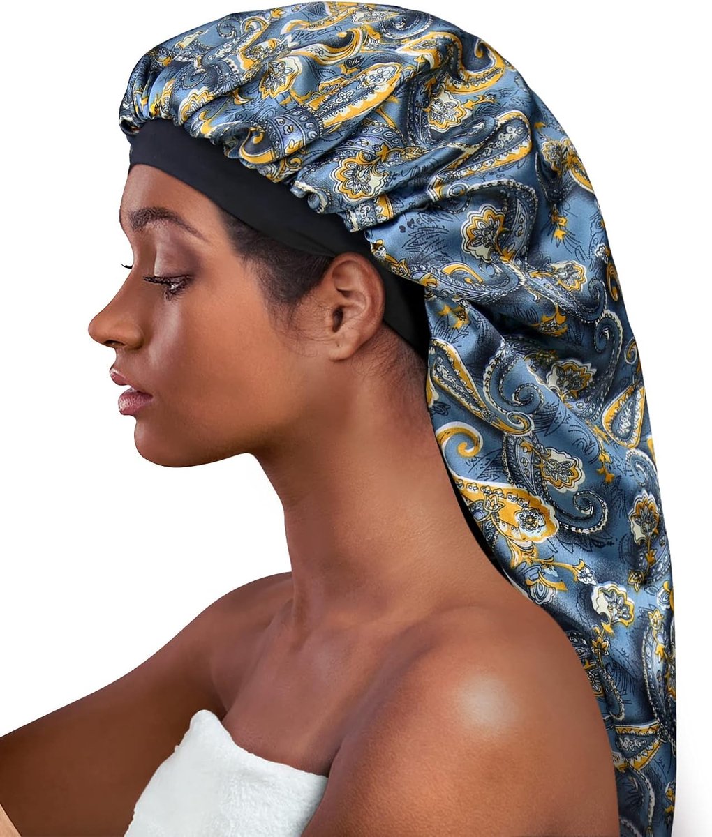 Lange Satijnen Bonnet - Slaapmuts Hoofdband - Haar Verzorging - Dubbele Laag - Extra Groot - Bloemenprint