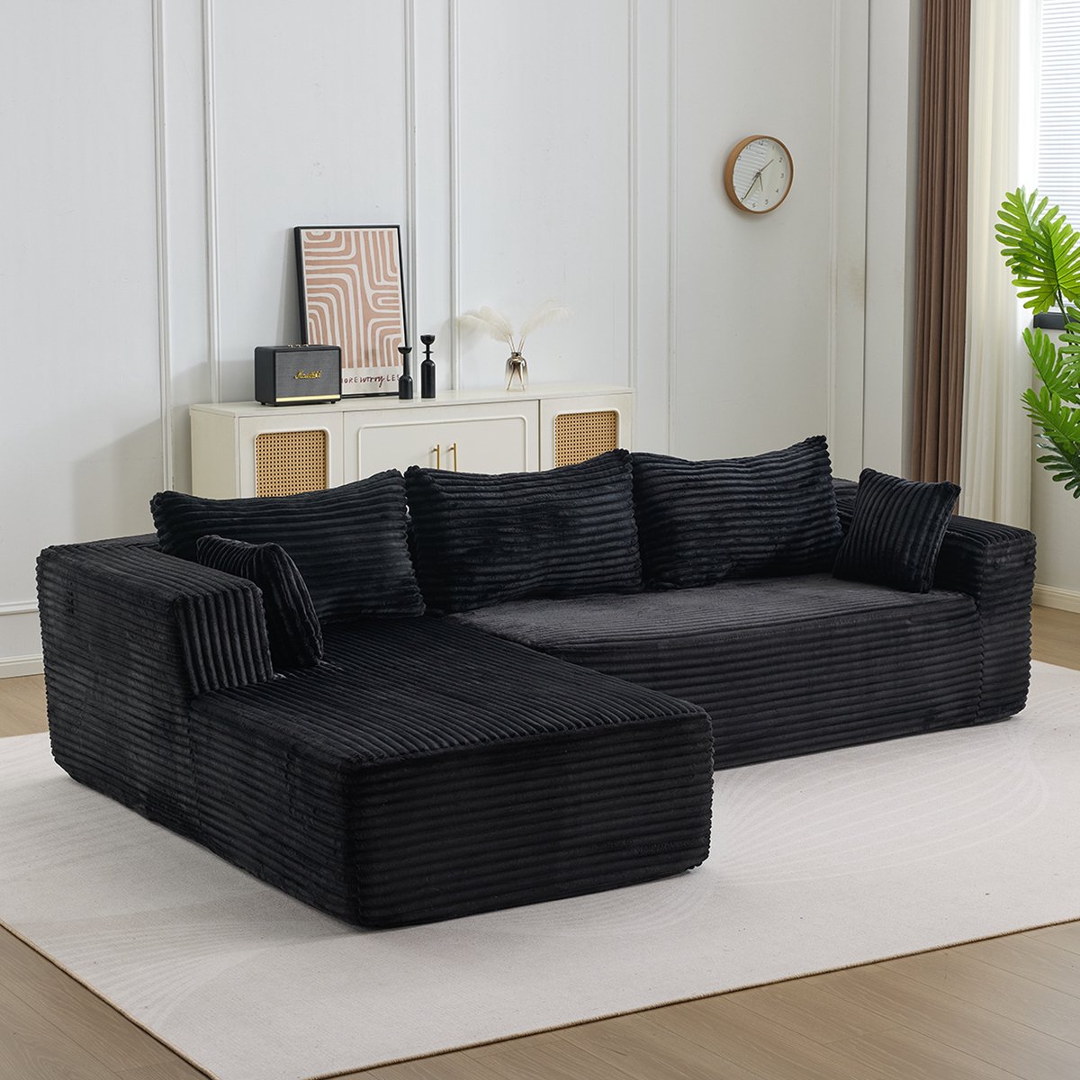 MIVRAY Hoekbank 279 x 179 x 83 Cm - Modulaire L-Vormige Bank Met Liggedeelte - Voor Woonkamer, Slaapkamer En Appartement - Ribfluweel Zwart