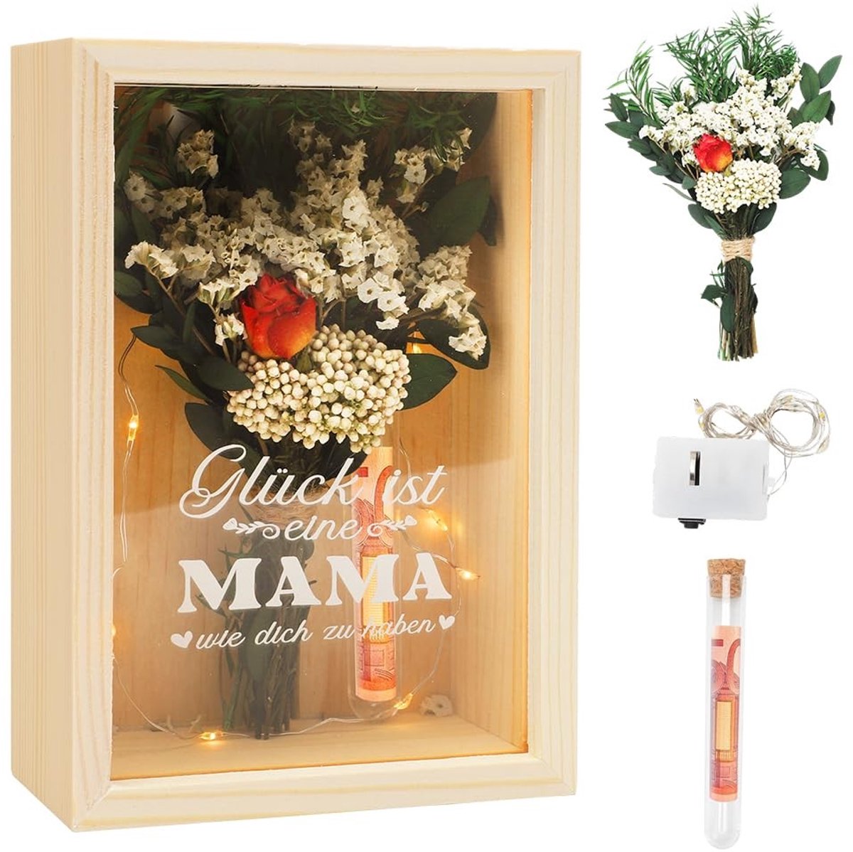 Dailygoods- Geschenkdoos Houten - Inclusief Gedroogde Bloemen - Lichtketting - Verjaardagscadeau - Cadeaus voor Moeder - 1 Stuk - Cadeau