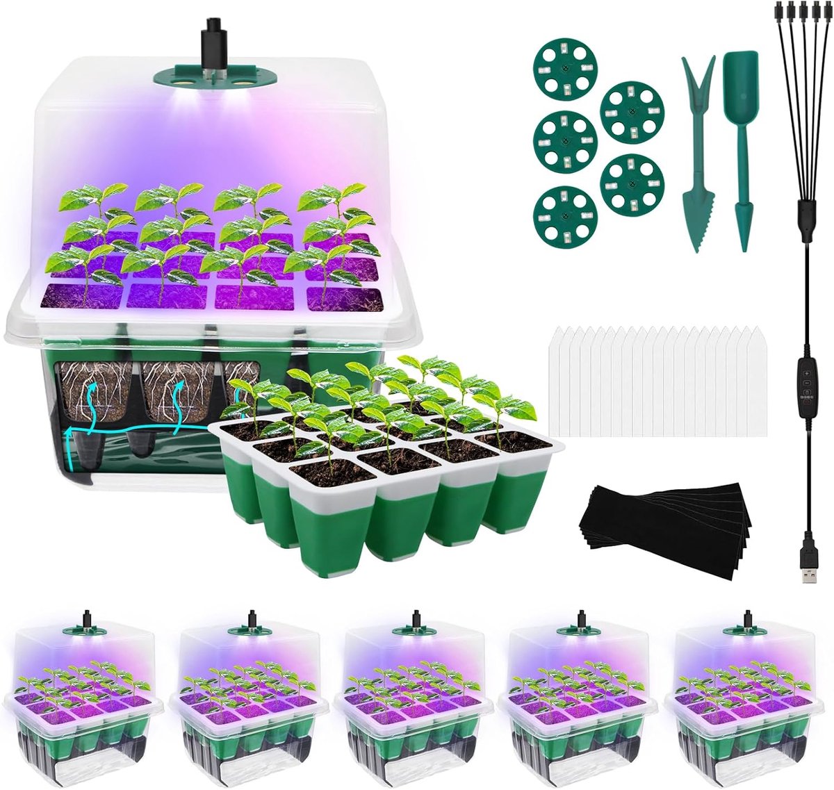 Zaad Trays - Mini Kas - Planten Kweken - Met Groei Lamp - 5 Stuks 60 Cellen - Transparant