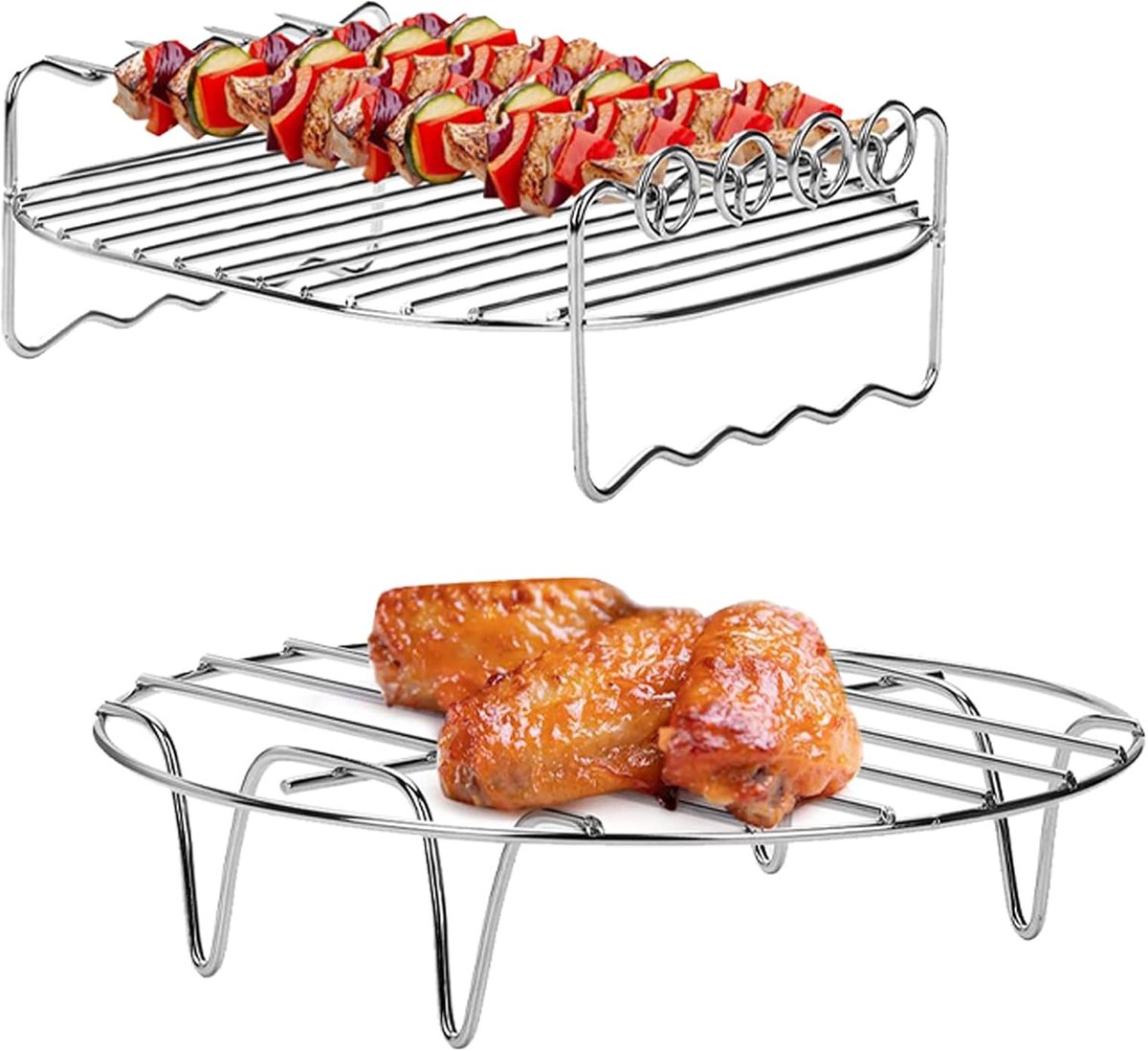 Heteluchtfriteuse Accessoires - Grillrooster Stoomrek - Veelzijdig Koken - Dubbellaags RVS - 7 Inch Set - Zilver