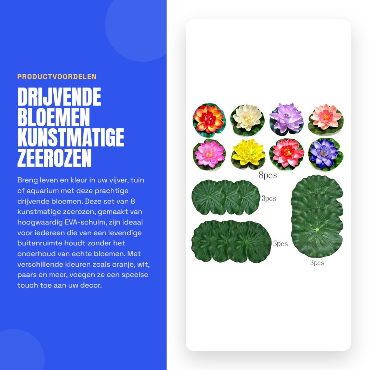 Dailygoods- Zeerozen 8 Stuks - Kunstmatige Drijvende Bloemen - Lotusbloemen - Vijverdecoratie - EVA - Diverse Kleuren - Inclusief 9 Lotusbladeren - Decoratieve Bloemen