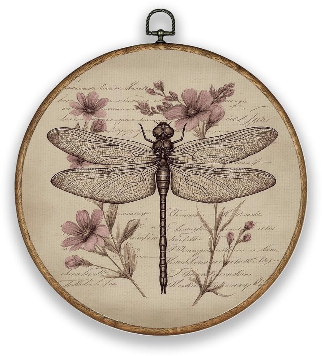 Dailygoods- Muurkunst Ronde Vorm - Wanddecoratie Hout Natuurlijk - Libellen/Bloemen - Vintage Kleur - 26 cm Diameter - Exquise Vakmanschap