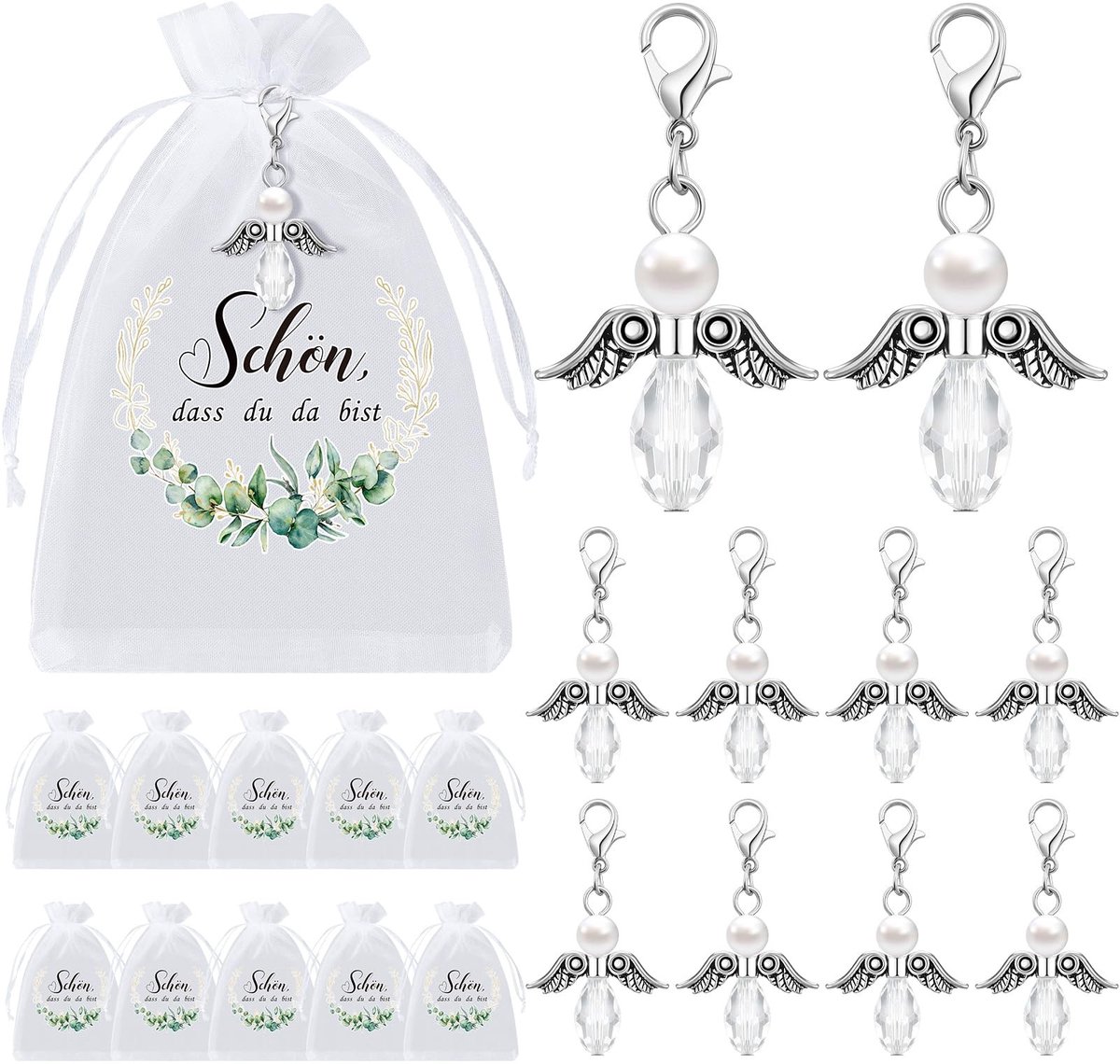 Dailygoods- Sleutelhangers Engel - 30 Sets Cadeautjes - Organza Zakjes - Geluksamuletten - Huwelijksgasten - Eucalyptusbladmotief - Bedankjes