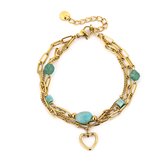 Layered Dames Armband met Hartje & Turquoise Natuursteen – Goudkleurig Stainless Steel – Kleurvast – Verstelbaar 16 + 3 cm