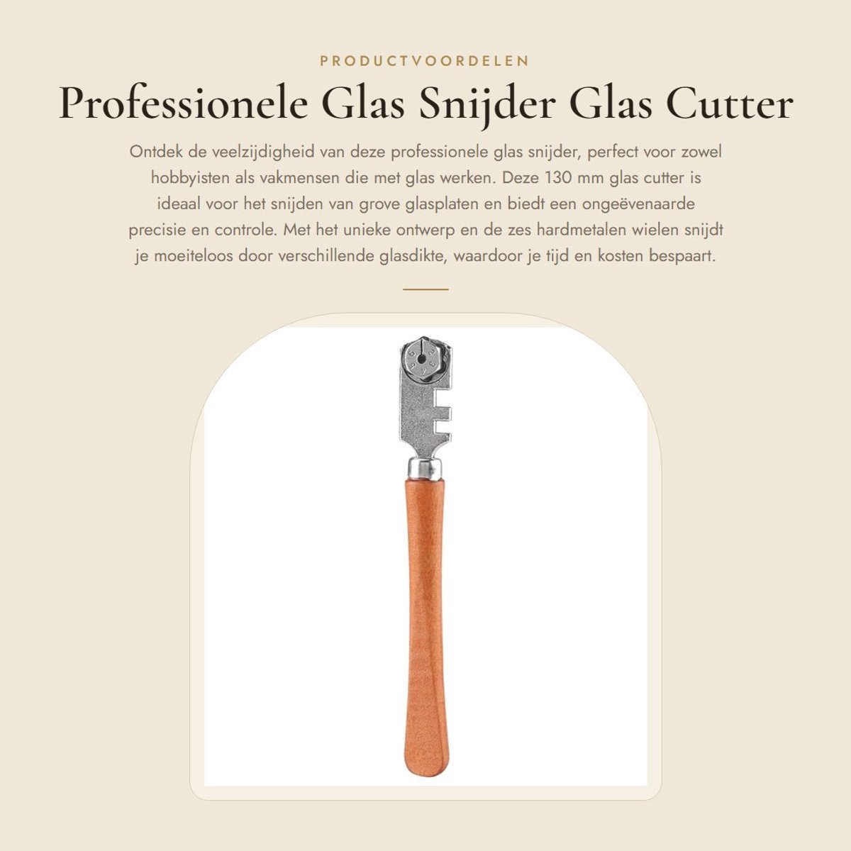 Dailygoods- Glas Snijder Professionele Roller - 6 Hardmetalen Snijwielen - Houten Handvat - Geschikt voor Snijdikte 4-10 mm - Slijtvast - Schone en Gladde Sneden - Glas Snijgereedschap