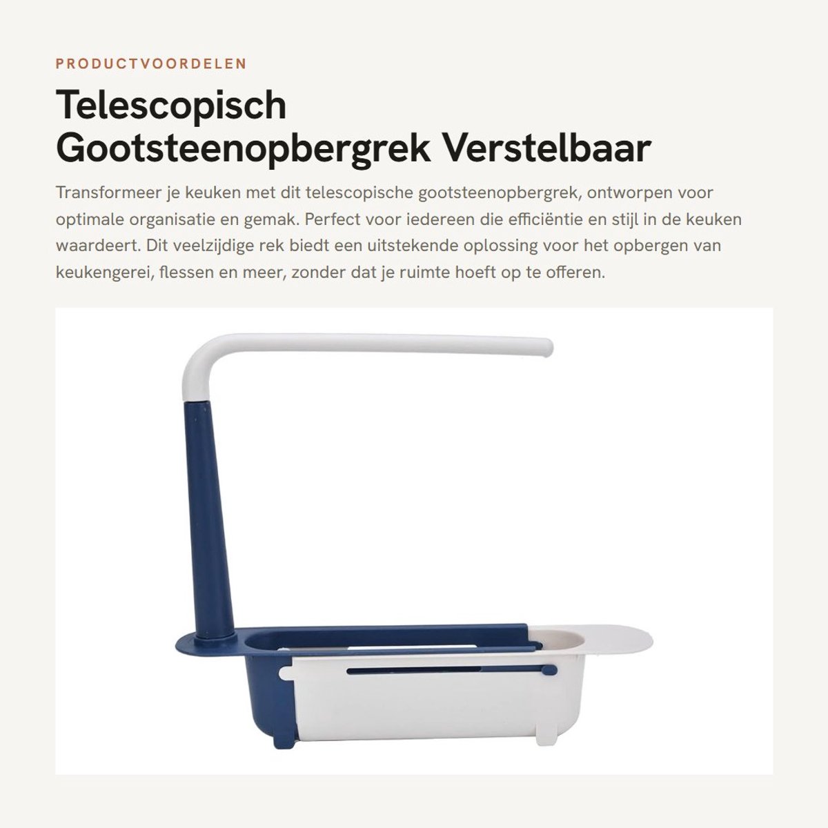 Dailygoods- Gootsteenopbergrek - Telescopisch - Uitbreidbaar - PP - Grote Capaciteit - 32-45 cm - Inclusief Beugel en Dwarsbalk - Afvoermand