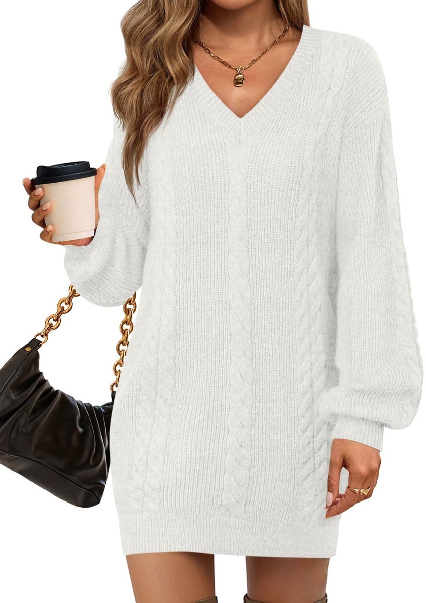 Dailygoods- Mini-jurk V-hals - Gebreide Trui-jurk Dames - Oversized - Lange Lantaarnmouwen - Casual Losse Pasvorm - Zachte Vlechtpatroon