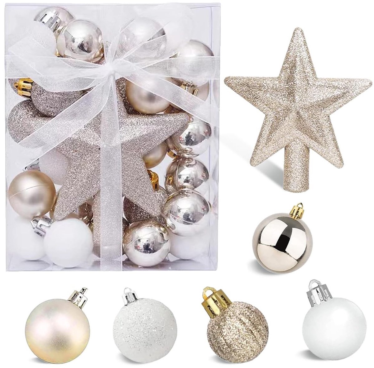 Dailygoods - 30 Stuks Mini-Kerstballen in Goud en Wit met Ophanghaakjes voor Tafelversiering