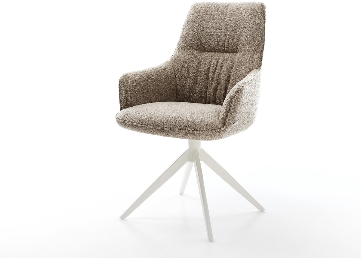 Eetkamerstoel Zelia-Flex met armleuning kruisframe breed wit bouclé mud 360° draaibaar rocker-functie pocketveer kern
