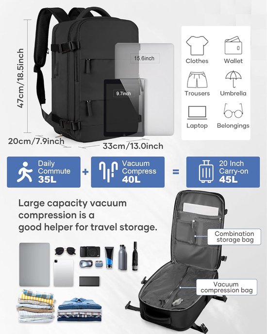 Reisrugzak met Pomp - Vakantie Tas - Ruimte Besparen - Vacuüm Compressie - 32 x 20 x 42 cm - Zwart — afbeelding 2