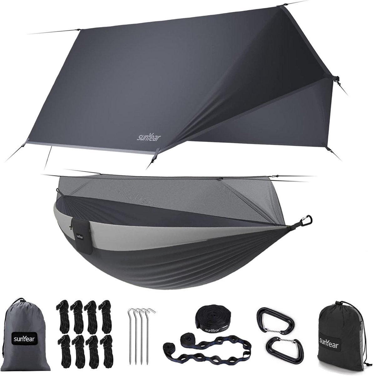 Kampeerhangmat met tarp - Buitenbed - Ontspannen buiten - Ingebouwd muskietennet - 299x198 cm - Grijs