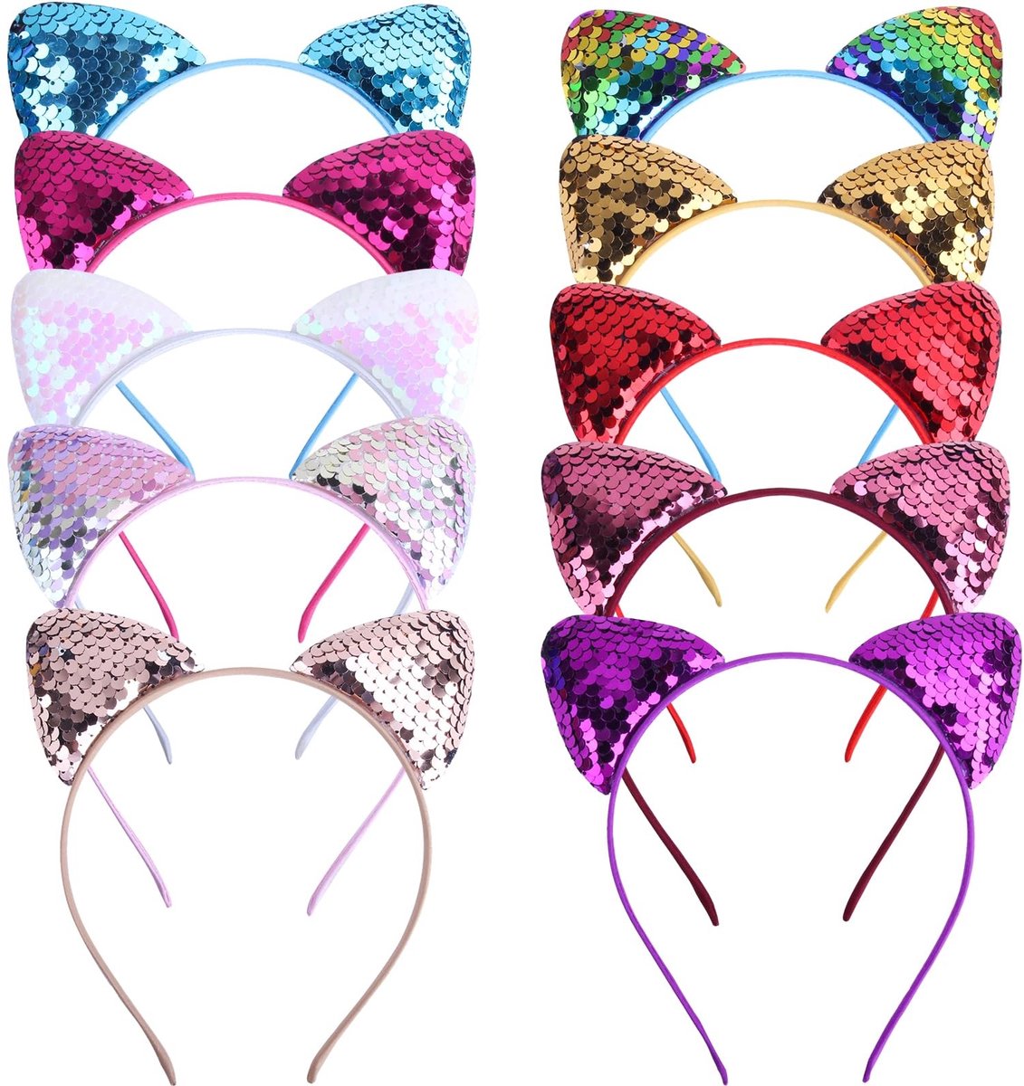 Dailygoods- Hoofdband met kattenoren - Glitterpailletten - 10 stuks - Duurzaam materiaal - Aangenaam draagcomfort - Geschikt voor feest en dagelijks gebruik - Haarbanden