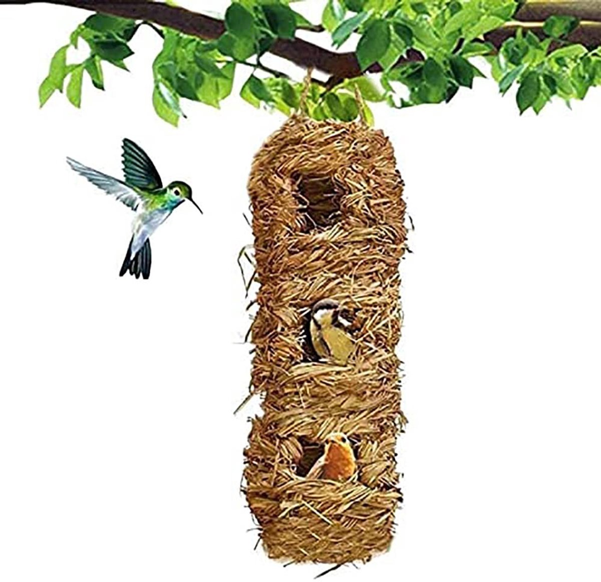 Dailygoods- Vogelhuis Natuurlijk Handgeweven - Vogelhuisje voor Buiten - Vogelhuisje met 3 Gaten - Vogelschuilplaats - Rietgras Constructie - Veilig voor Vogels - Vogelnest