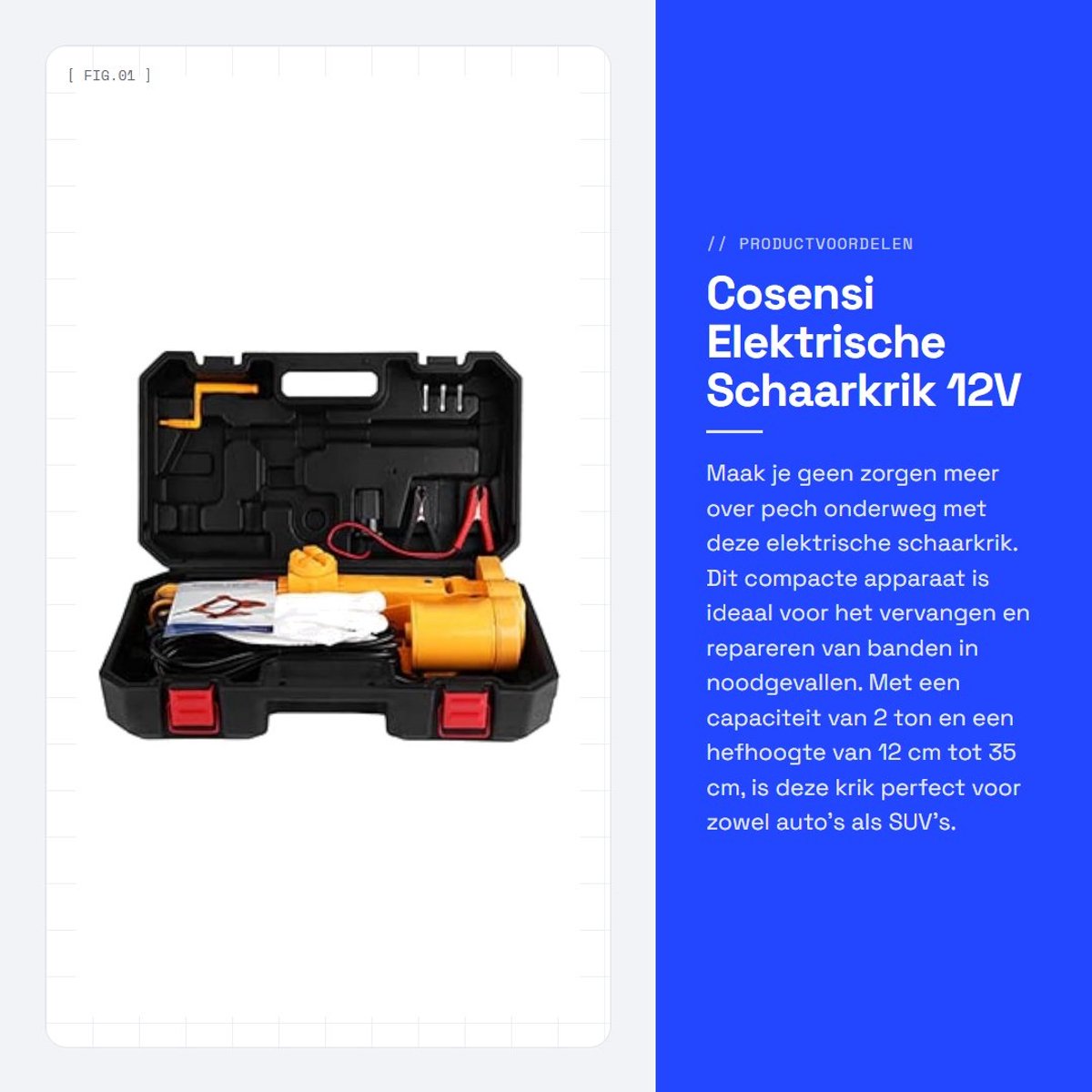 Dailygoods - Elektrische Schaarkrik - 12V - Capaciteit 2 Ton - Compact en Handig - Voor Auto en SUV - Inclusief Accessoires - Vervangen van Banden
