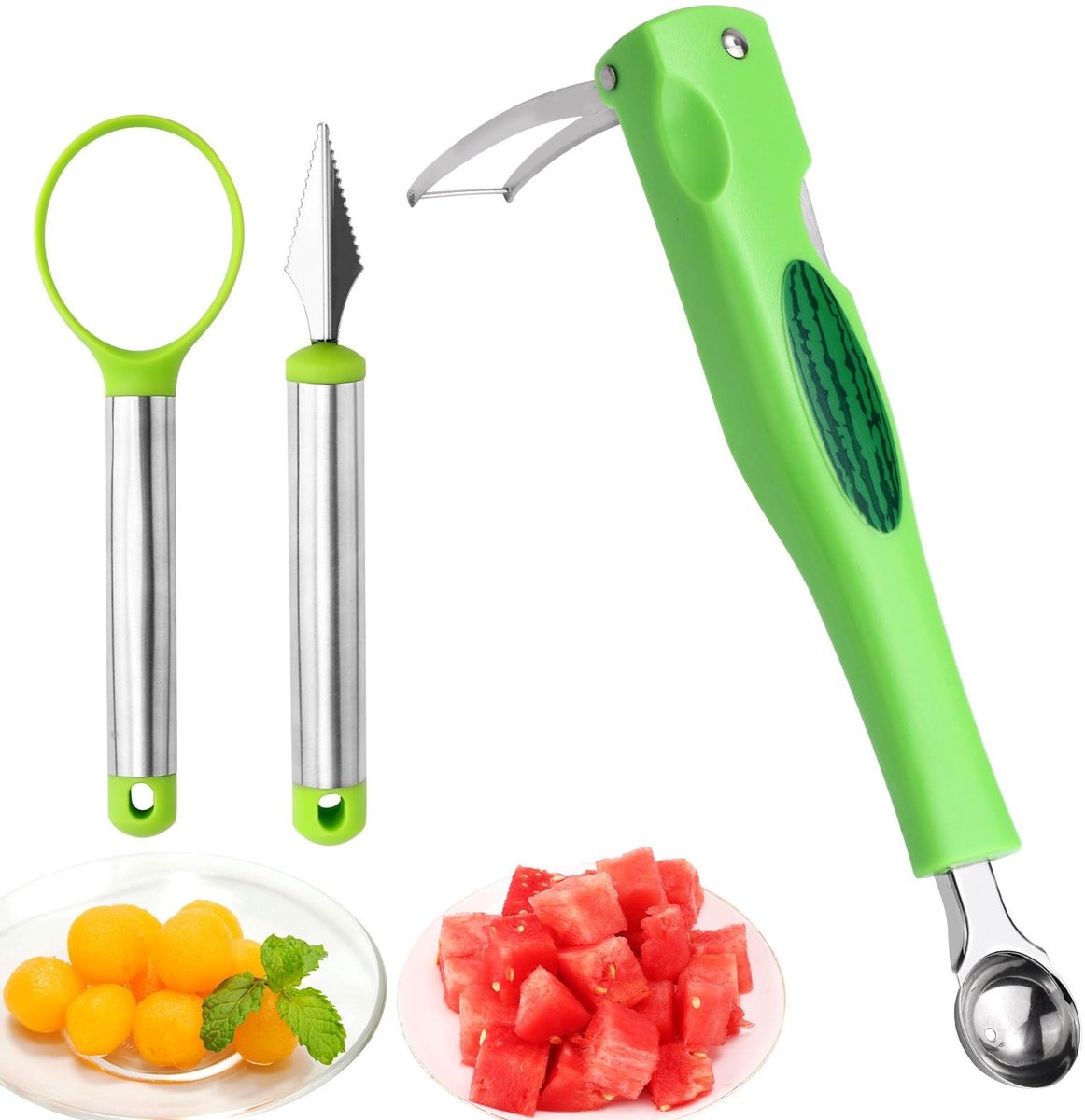 Dailygoods- Watermeloensnijderset - Roestvrij Stalen Fruitschepper - Meloenboor - Fruitschepsnijder - Compact Pakket - Ideaal voor Fruitsalades - Fruitsnijder