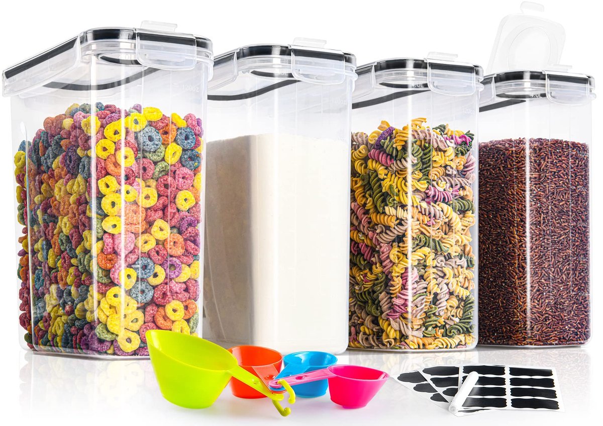 Dailygoods- Opbergdozen 4L Set van 4 - Plastic - Luchtdicht - Keuken - Herbruikbare Labels - Maatlepels - BPA-vrij - Opslagcontainers