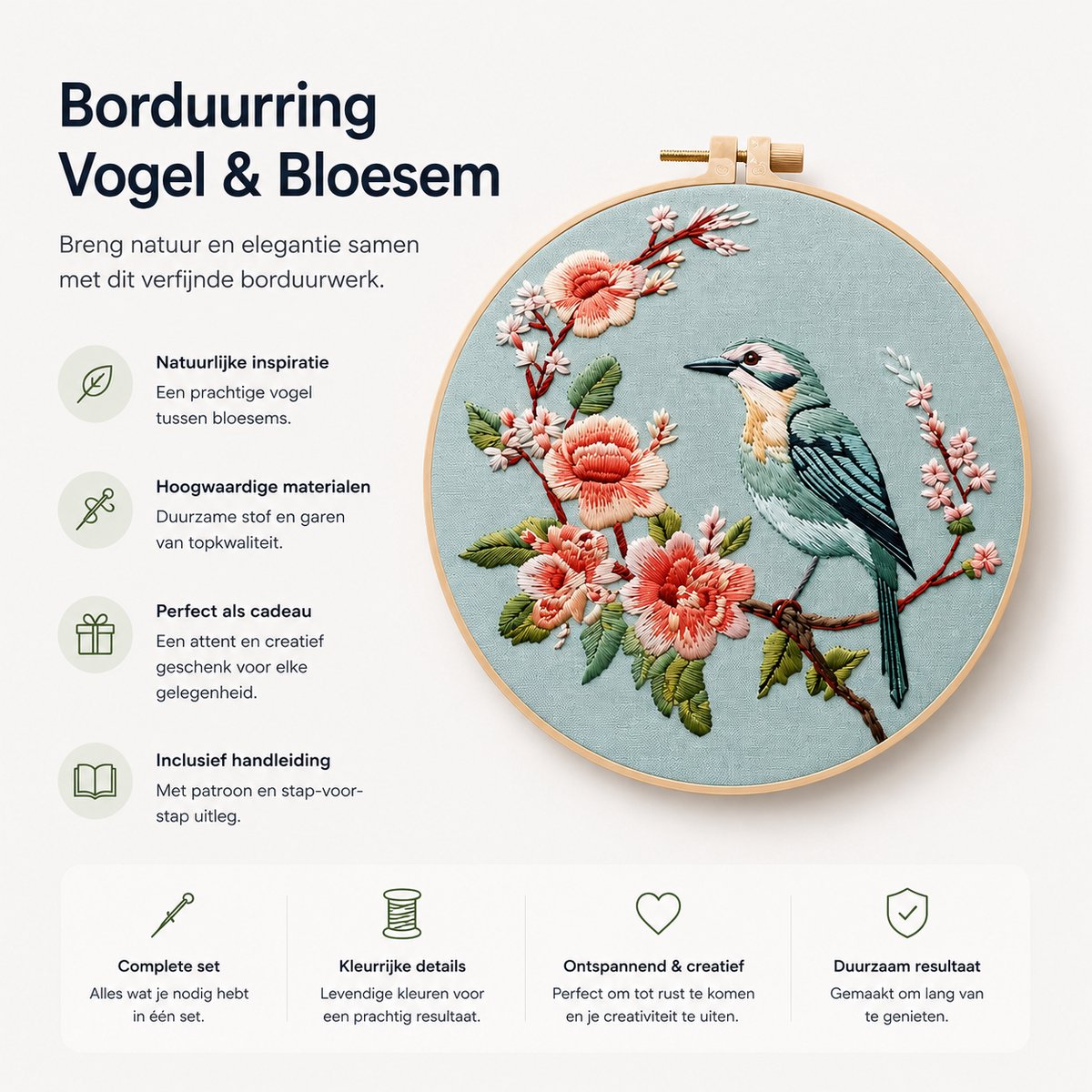BOTC Borduurpakket - Borduurset van 4 - Borduurpakketten voor Volwassenen - Hobby en Creatief - Borduren- Chinese stijl vogelbloem — afbeelding 5