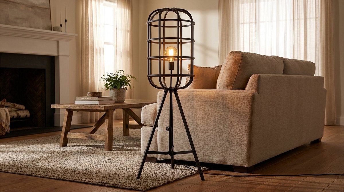 Vloerlamp House&Garden Twine Industrial Luxe Design – Zwarte Metalen Raster Staande Lamp met Dimbare E27 Fitting – 145 cm Moderne Industriële Vloerlamp voor Woonkamer, Slaapkamer & Loft Interieur