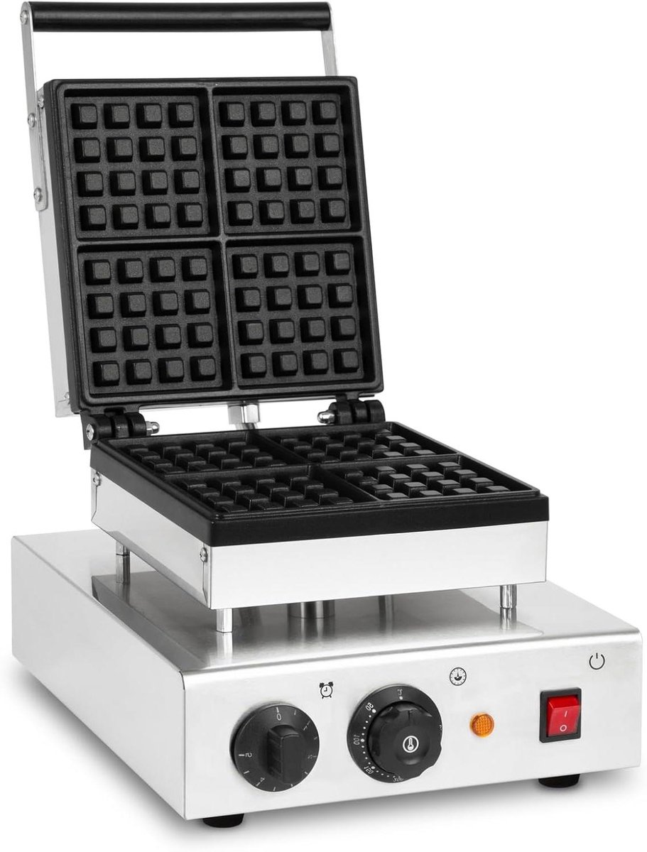 Professioneel Wafelijzer - Dubbel Bakplaat - Snel Wafels Bakken - Hoge Capaciteit 80/uur - 4 Wafels Tegelijk - Zilver