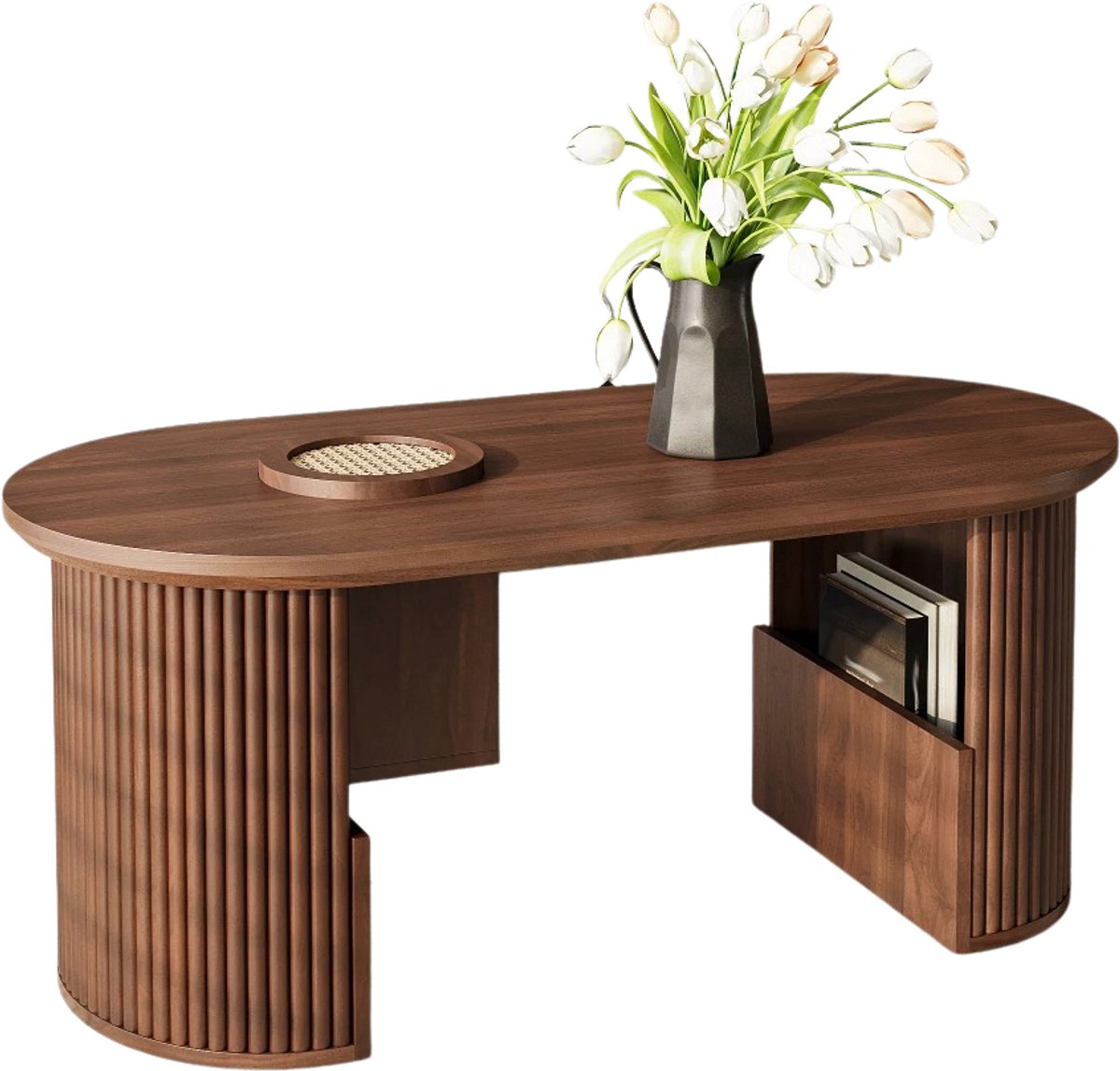 emvae Salontafel - Salontafel met Opbergruimte - Ovaal - Koffietafel - Retro - Walnootkleur - 105 x 50 x 46,5 cm Notenhout