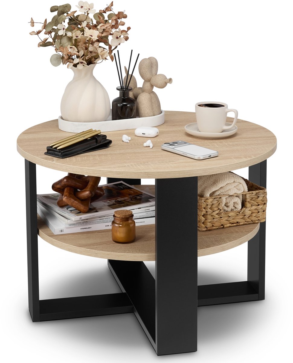 defiPad Ronde Salontafel - Industrieel - Groot Ø70 cm met Plank, Zwart + Eiken Sonoma
