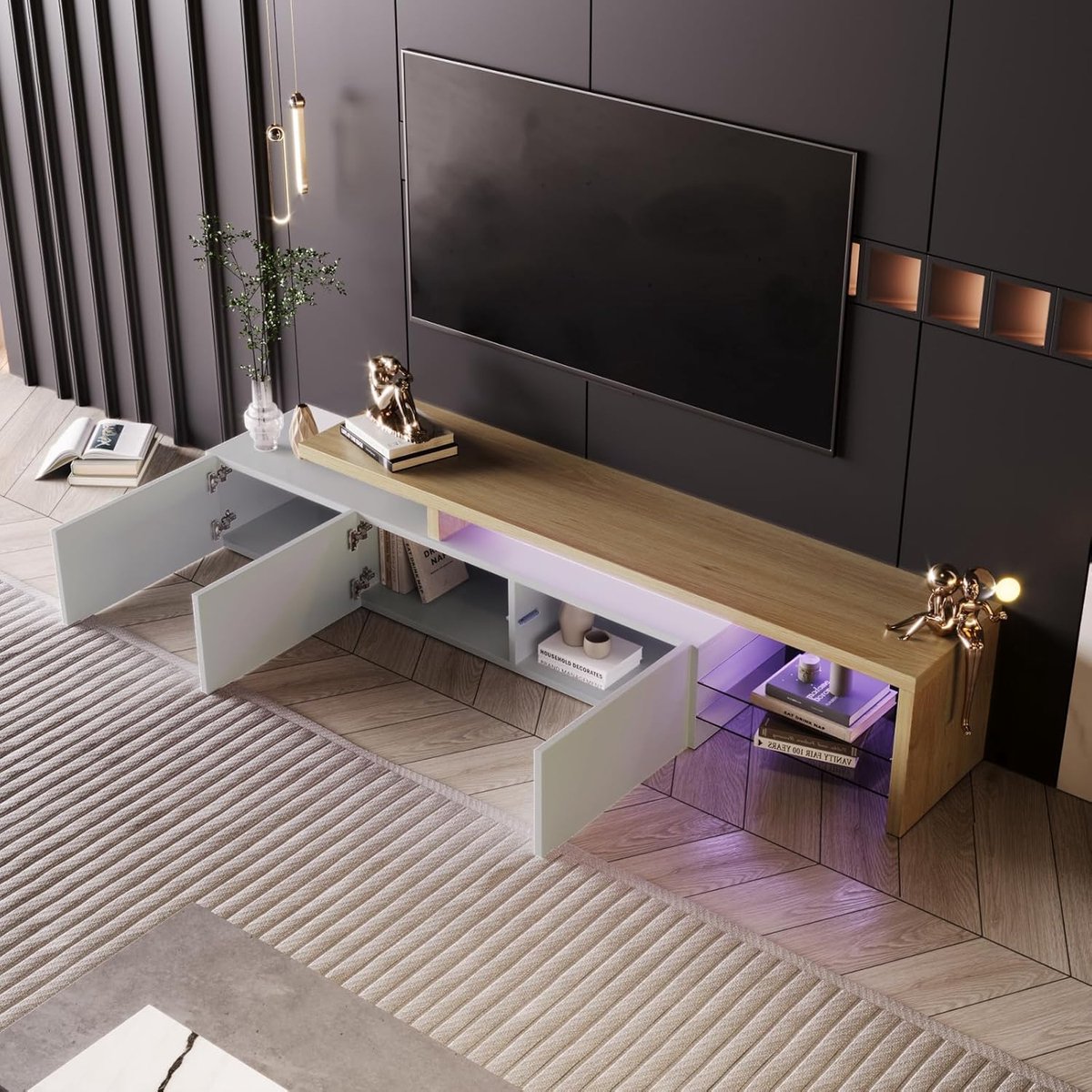 LumiGlow Luxe LED TV-Meubel 200x39x42 cm – Modern Lowboard met 3 Deuren, Glazen Planken en 7-Kleur LED Verlichting, Design TV Kast voor Woonkamer