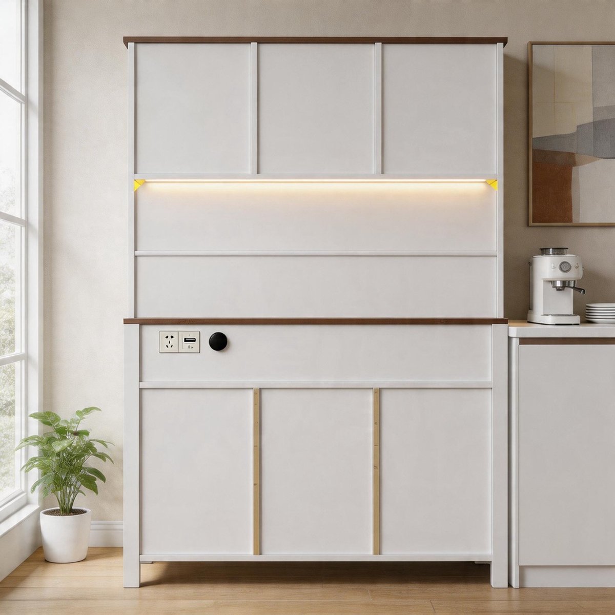 KOMHTOM - Hoge keukenkast - Met USB-aansluitingen en stopcontacten - Zijkast met 4 deuren & 3 lades - Dressoir met LED-lichtstrip - Afmetingen: 120×40×170 cm - Kleur: Wit