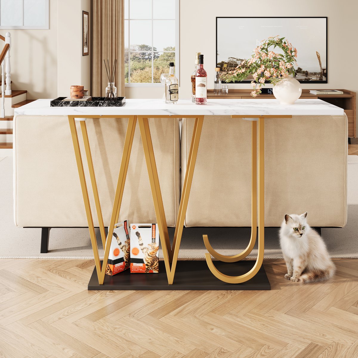 Clruro Esstafel - 120x29,5x80 cm - Flurtafel Met Marmerlook Blad - Houten Tafel Voor Keuken Of Balkon - Hout - Bruin Wit