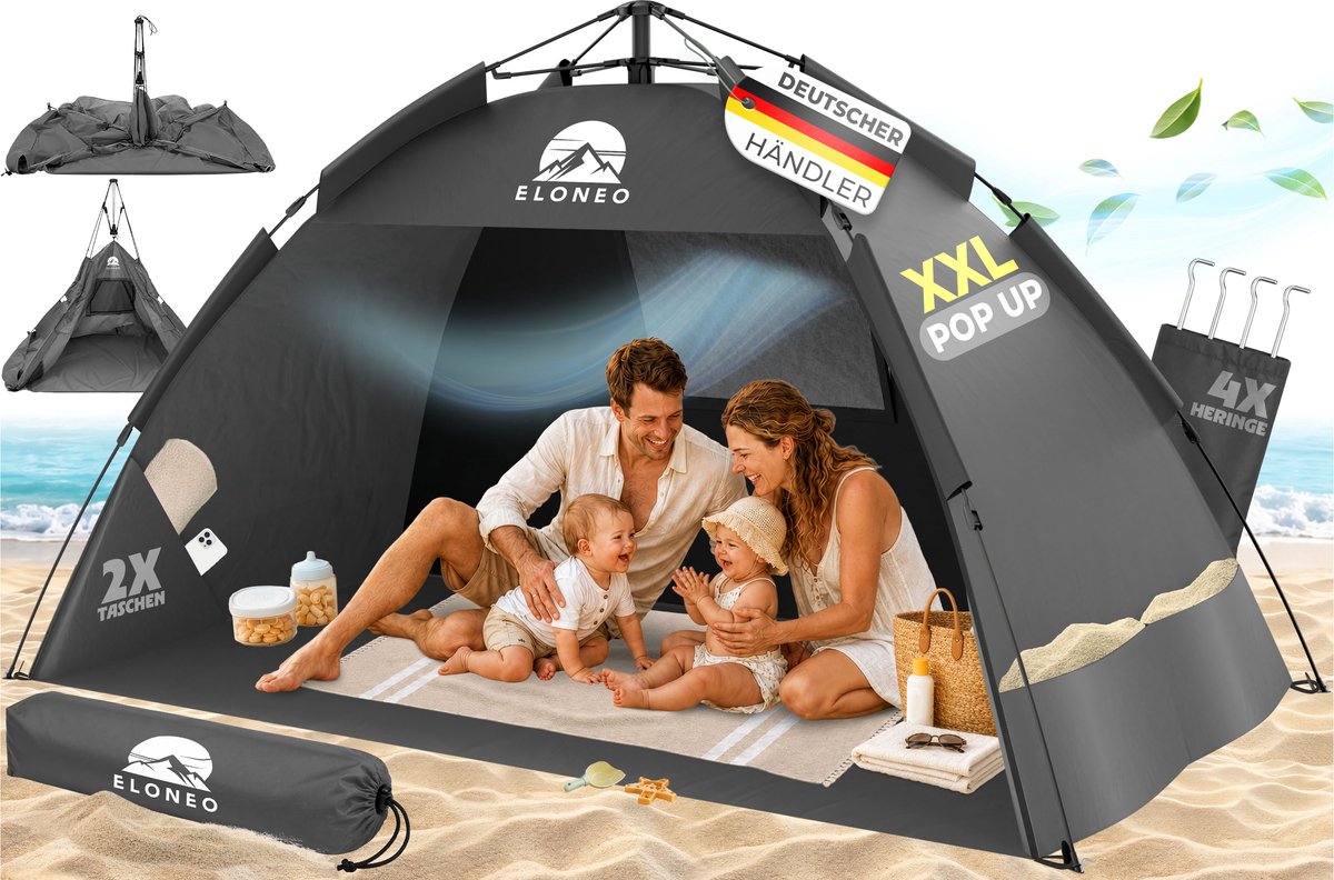 ELONEO Pop-up Strandtent UV-bescherming 80+, Lichtgewicht en compact inkl. draagtas, Strandzonwering & windbescherming voor baby’s en volwassenen - XXL Grijs