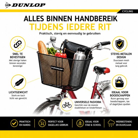 Dunlop Fietsmand Stuur 22L - Fiets Mand met Handvat en Haken - Fietsmandje 34 x 24,5 x 26 cm - Geschikt voor Elektrische Fiets, Omafiets en Stadsfiets - Metaal - Zwart van Dunlop — afbeelding 2