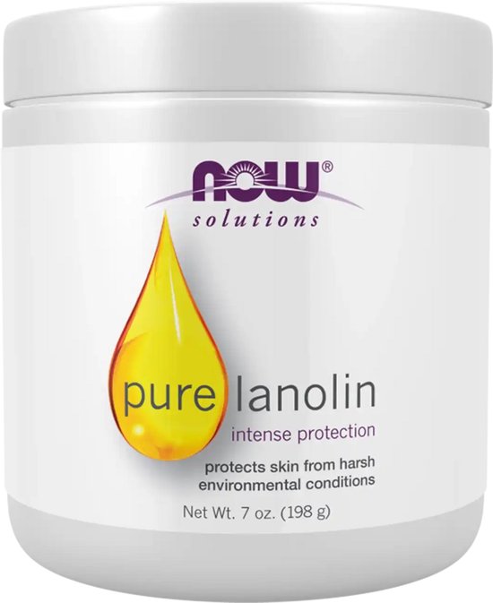 Now Solutions pure lanolin pot met een grote gele druppel met de tekst 'pure lanolin'. Intense bescherming.
