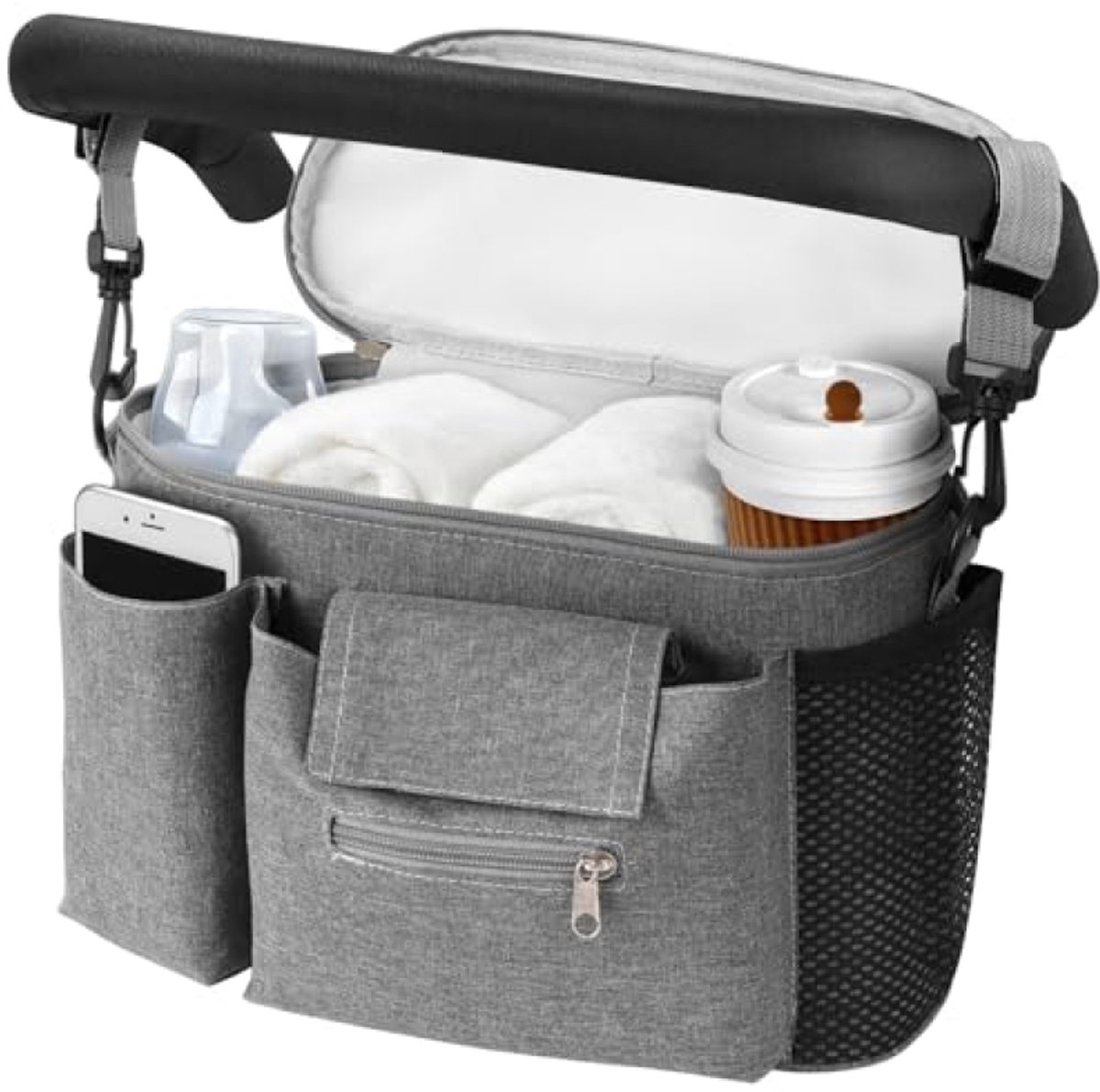 Kinderwagentas - Organizer met Touchscreen Telefoonvak - Grote Capaciteit - Waterbestendig - Grijs - 33x19x16 cm