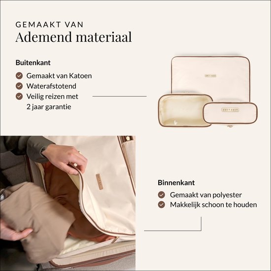 Een koffer wordt ingepakt met crème packing cubes. Gemaakt van katoen en polyester.