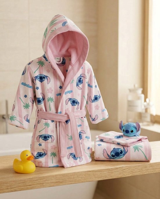 Stitch Disney Badset Kind 7-8 Jaar – Badjas met Capuchon + Handdoek 50x100 cm + Washandje | Aloha | 100% Polyester