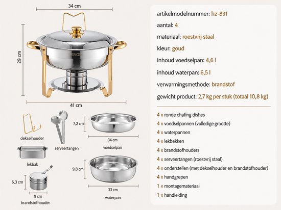 Sello! chafing dish set – set van 4 – warmhoudschalen – buffet– koud en warm– 4,7L per pan – luxe gouden afwerking – rvs — afbeelding 4