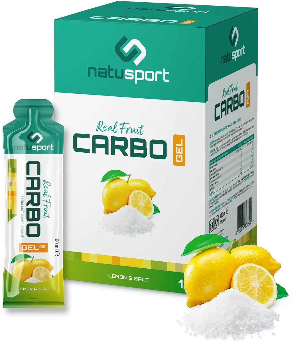 Natusport Real Fruit Carbo Gel - 40 gram koolhydraten - Energiegel met Echt Fruit en Elektrolyten - Lemon & Salt - 12 stuks