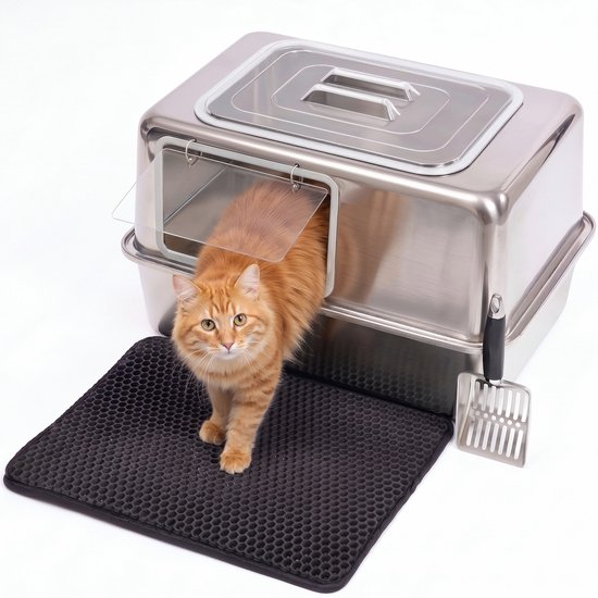 Kattenbak RVS gesloten – Transparant deksel & voorklep, schep & mat inbegrepen, 60x40x34cm, voor grote katten