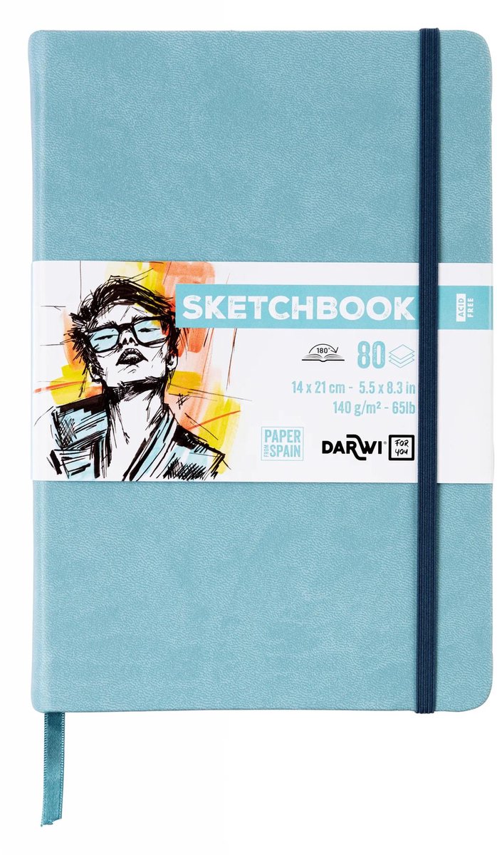 Darwi DFY - Schetsboek - A5 - 14 x 21 cm - 140 g - Blauw - 80 vellen