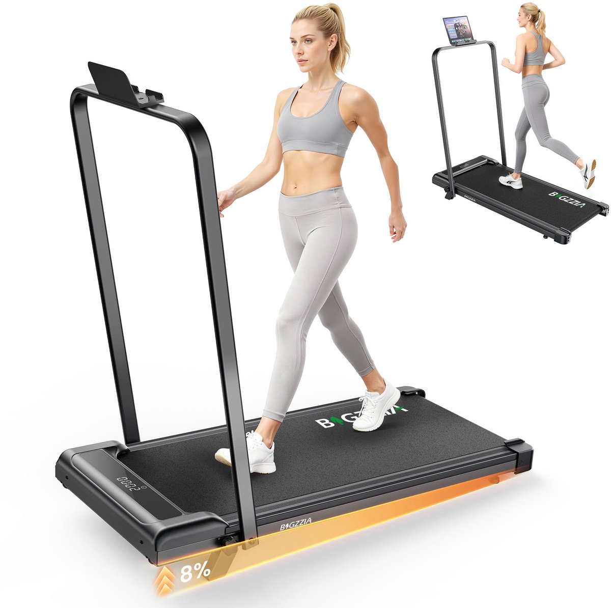 Loopband - Inklapbaar loopband Elektrisch met armleuningen 1-8 km/u - met afstandsbediening en LCD-display - Walkingpad - Treadmill - Zwart
