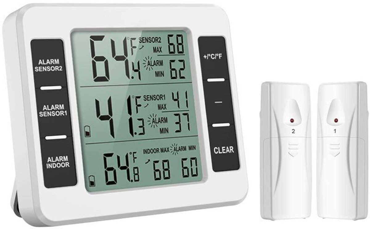 Digitale LCD-thermometer met sensorbereik van -50 graden Celsius tot +110 graden Celsius.