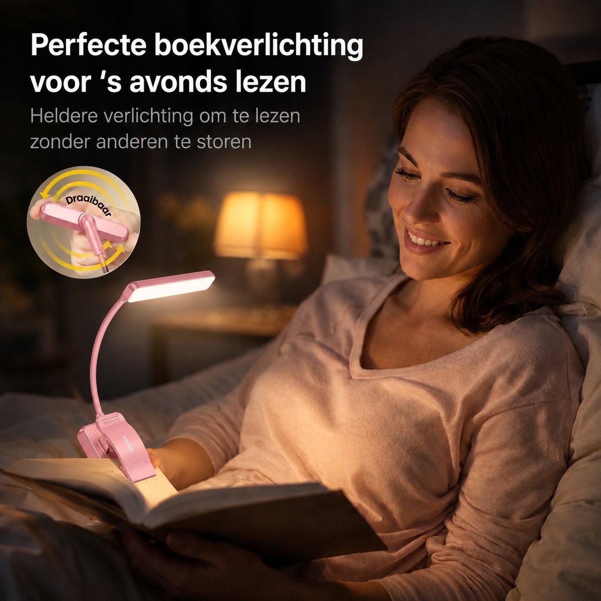 Sounix LED Leeslampje voor Boek met Klem - 315° draaibaar Leeslamp - 24 LED - Boeklampje met 3 Lichtstanden - Oplaadbare boeklamp USB - Dimbaar - Roze — cadeau in Gadgets - foto 2