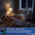 Mobiele airco met slaapmodus en 24-uurs timer, stil bedrijf (51dB) voor comfortabele nachtrust.
