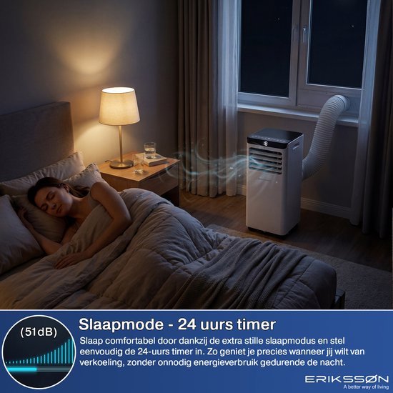 Mobiele airco met slaapmodus en 24-uurs timer, stil bedrijf (51dB) voor comfortabele nachtrust.