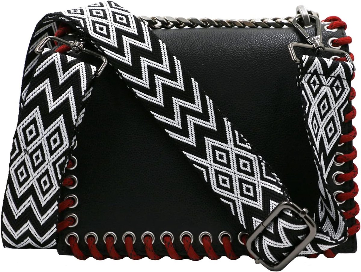 Brede Verstelbare Schouderband voor Handtassen en Schoudertassen, 3.8 cm, 80-141 cm, Inclusief Karabijnhaak, Boho Stijl, Zwart